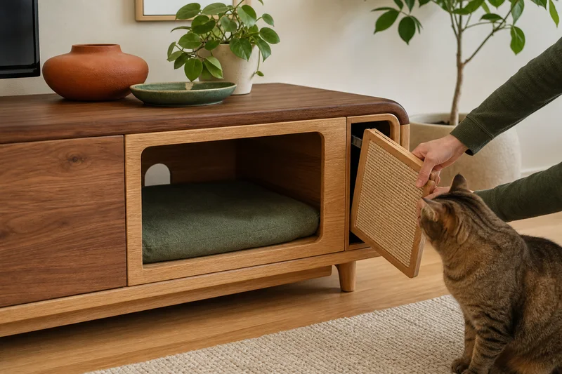 Cat-integrated TV console with a removable scratch panel and a resting nook in a real living room