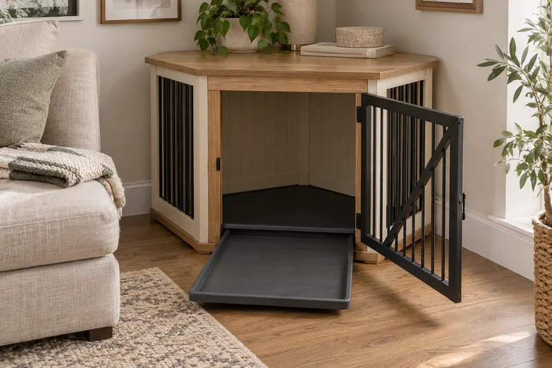 Illustrative corner dog crate cabinet with its front door open and a cleaning tray pulled forward