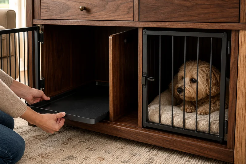 Double-compartment dog crate console with a removable cleaning tray and separate pet zone