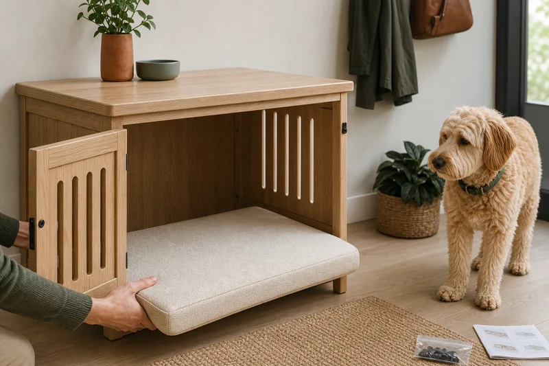 Furniture-style dog crate bench in a home with a removable cushion being inspected while a dog stands nearby