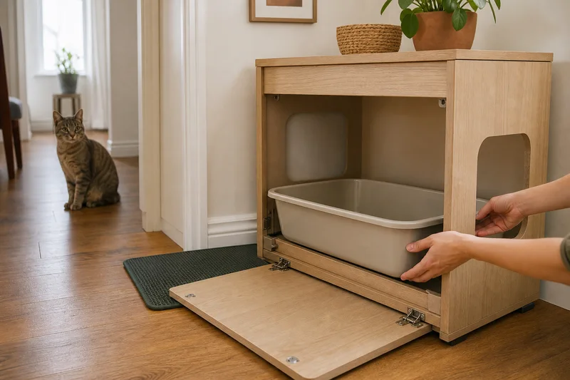 Litter box cabinet with a wide front door open while a clean tray is being removed in an apartment hallway