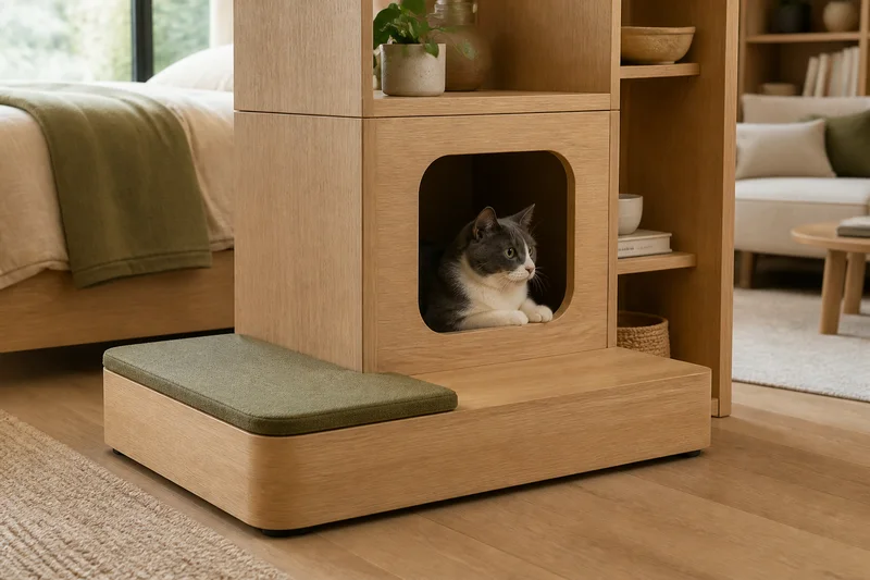 Modular oak cat room divider with enclosed cubby, removable pad and open shelves