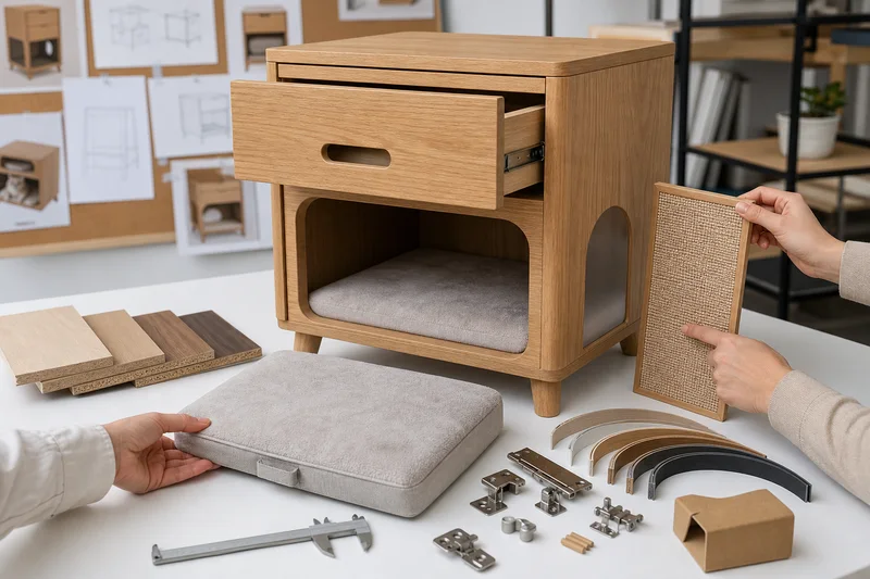 Buyer and product developer reviewing materials, hardware and flat-pack details for a pet-friendly nightstand sample