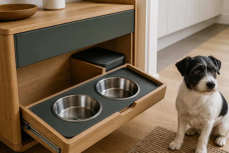 Oak pet-care console with open pull-out feeding tray and removable stainless-steel bowls