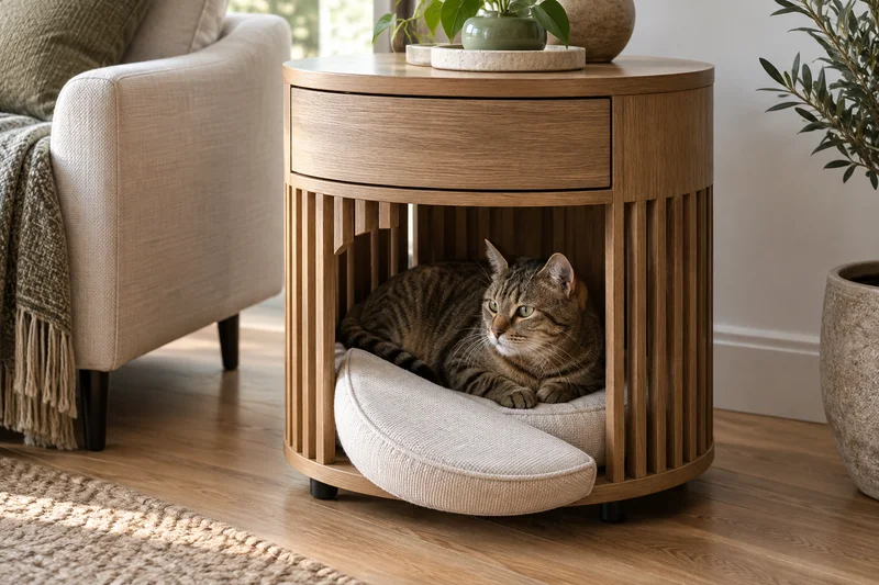Round oak pet bed side table with slatted opening, removable cushion and shallow drawer
