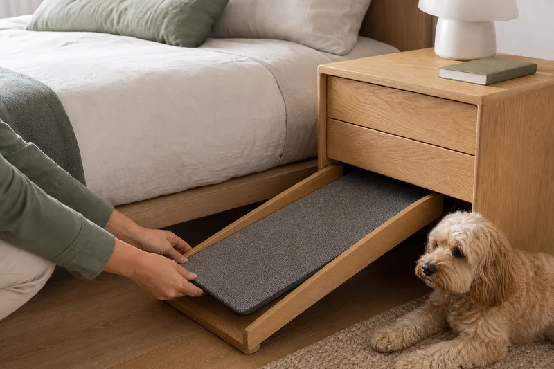 Pet-friendly bedside cabinet with a pull-out low-access platform and removable textured insert