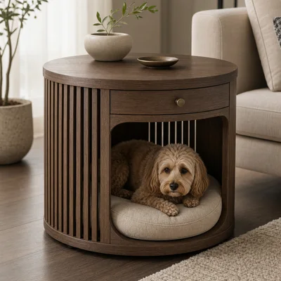 Round Slatted Pet Bed Side Table