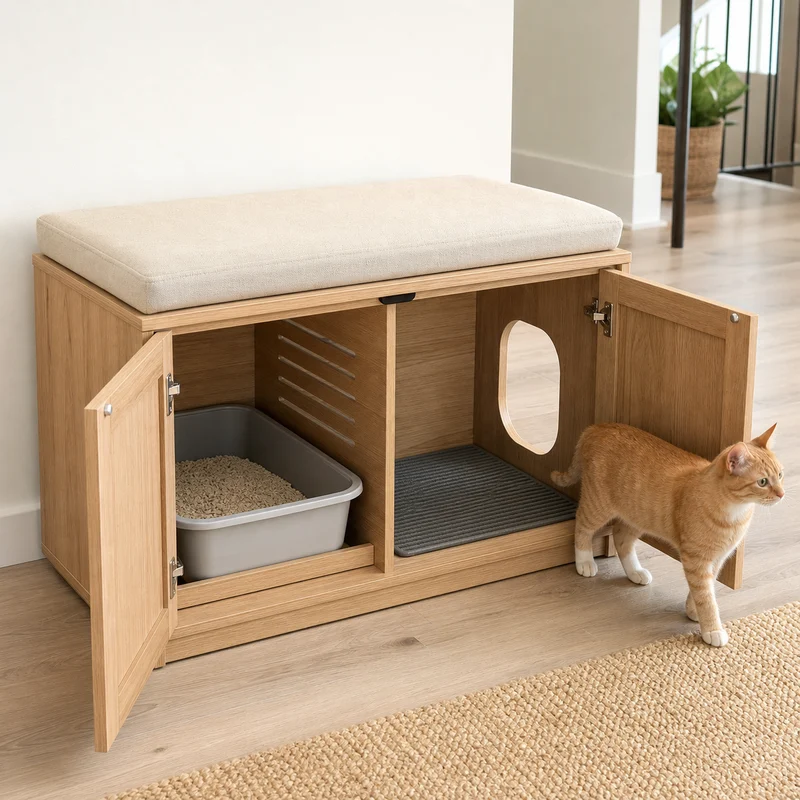 Two-Zone Litter Box Entry Bench